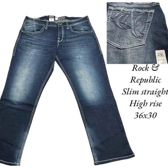 ROCK & REPUBLIC men jeans,NWT 36x30 slim straight,blue,manufactured fading - Picture 4 of 10